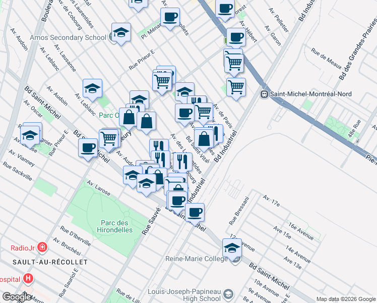 map of restaurants, bars, coffee shops, grocery stores, and more near 9991 Avenue des Laurentides in Montréal