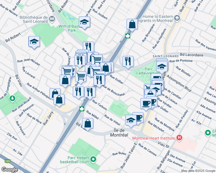 map of restaurants, bars, coffee shops, grocery stores, and more near 7715 Rue de Boischatel in Montréal