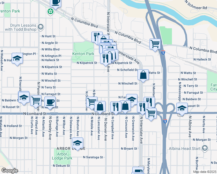map of restaurants, bars, coffee shops, grocery stores, and more near 7910 North Denver Avenue in Portland