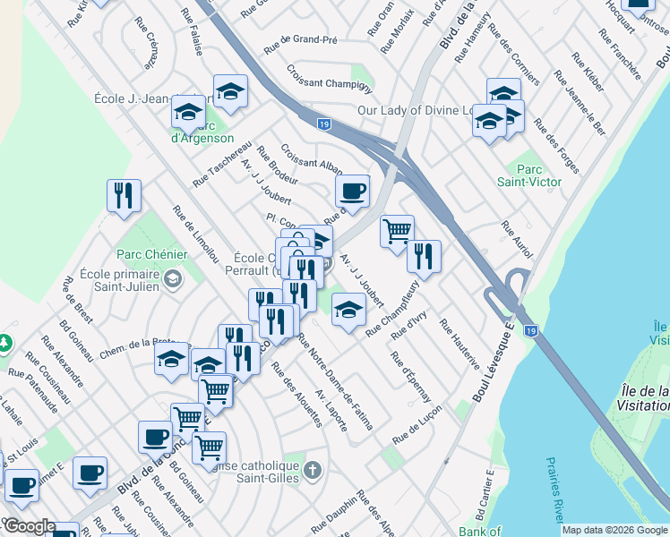 map of restaurants, bars, coffee shops, grocery stores, and more near 925 Rue de Lourdes in Laval
