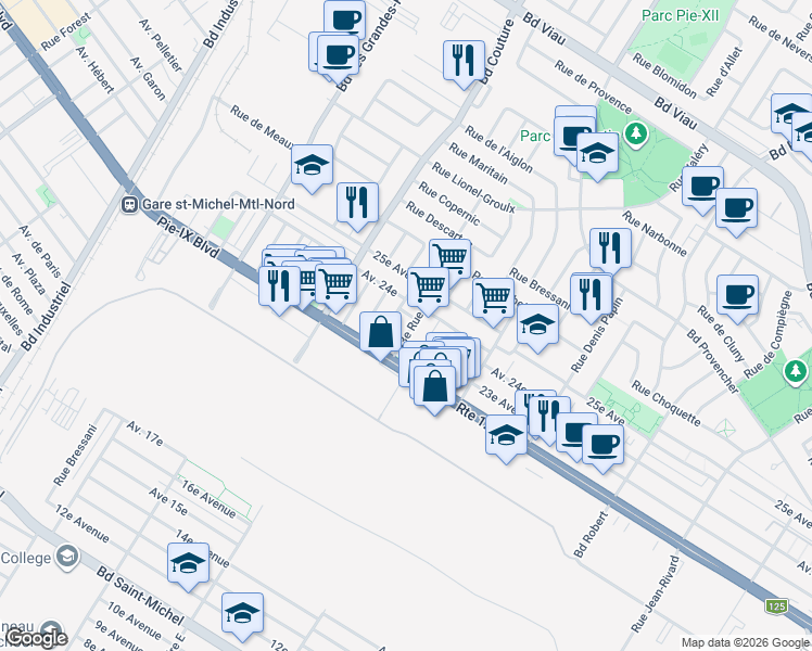 map of restaurants, bars, coffee shops, grocery stores, and more near 4151 43e Rue in Montréal