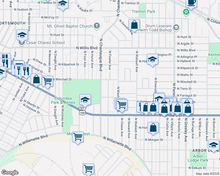 map of restaurants, bars, coffee shops, grocery stores, and more near 7734 North Fowler Avenue in Portland