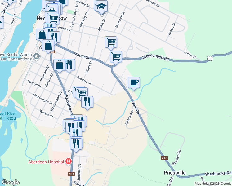 map of restaurants, bars, coffee shops, grocery stores, and more near 347 Tremont Street in New Glasgow