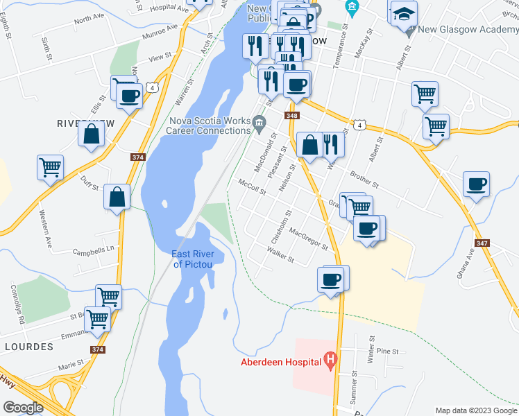 map of restaurants, bars, coffee shops, grocery stores, and more near 500 Pleasant Street in New Glasgow