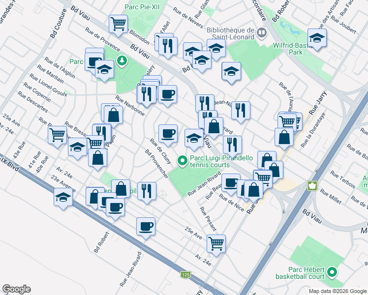 map of restaurants, bars, coffee shops, grocery stores, and more near 4649 Rue de Compiègne in Montréal