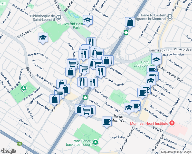 map of restaurants, bars, coffee shops, grocery stores, and more near 7000 Boulevard Métropolitain Est in Montréal