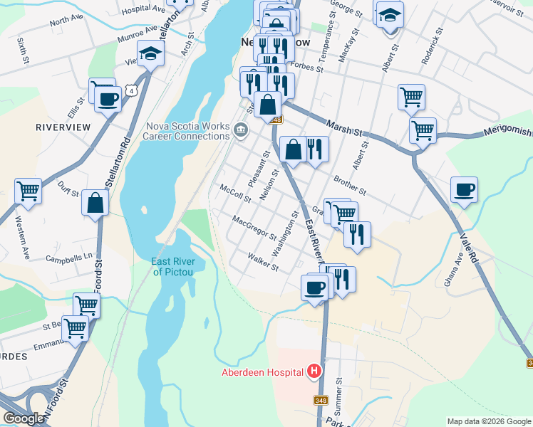 map of restaurants, bars, coffee shops, grocery stores, and more near 225 McColl Street in New Glasgow