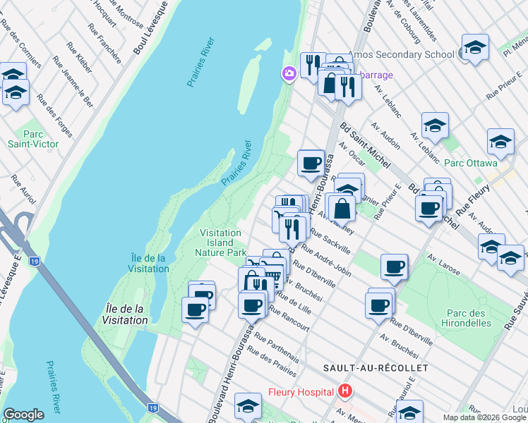 map of restaurants, bars, coffee shops, grocery stores, and more near 2572 Boulevard Gouin Est in Montréal