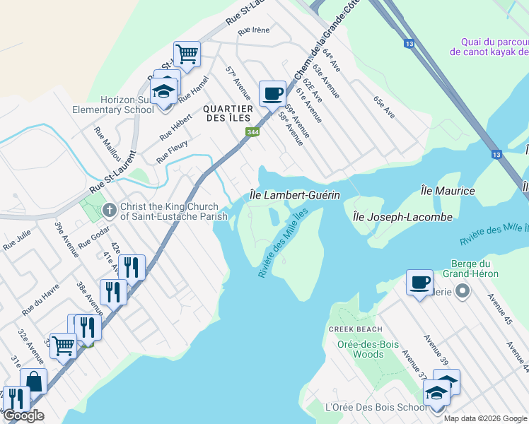 map of restaurants, bars, coffee shops, grocery stores, and more near 63 Chemin des Îles-Yale in Saint-Eustache