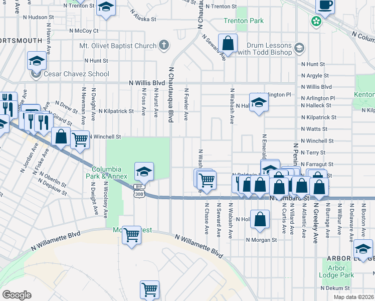 map of restaurants, bars, coffee shops, grocery stores, and more near 3826 North Winchell Street in Portland