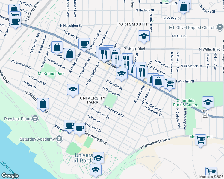 map of restaurants, bars, coffee shops, grocery stores, and more near 5254 North Oberlin Street in Portland