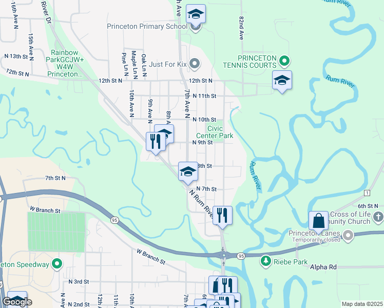 map of restaurants, bars, coffee shops, grocery stores, and more near 601 North 9th Street in Princeton