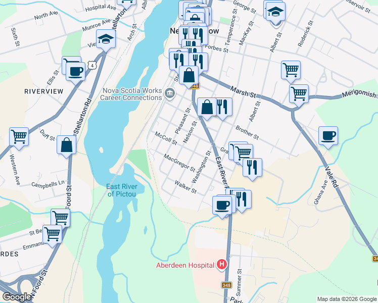 map of restaurants, bars, coffee shops, grocery stores, and more near 225 McColl Street in New Glasgow