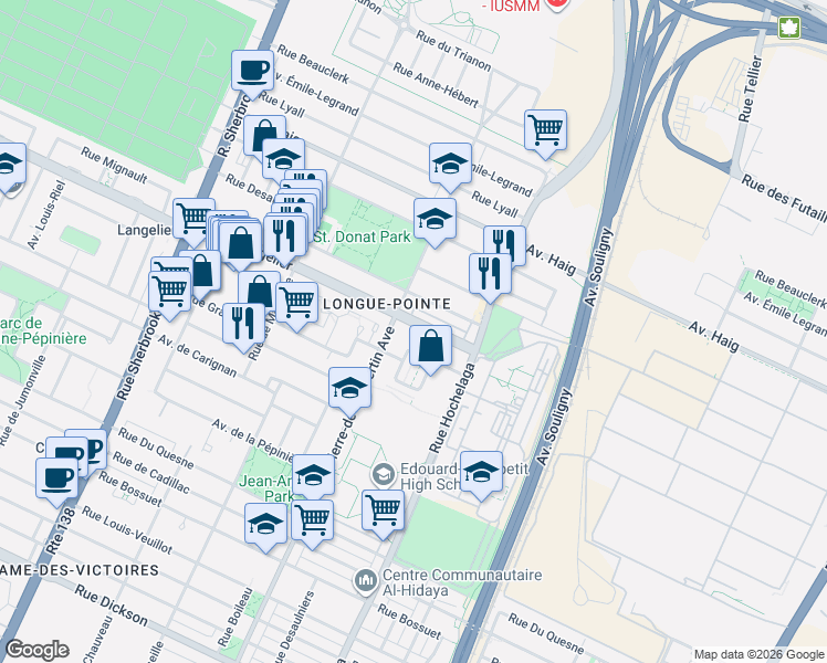 map of restaurants, bars, coffee shops, grocery stores, and more near 2640 Boulevard Langelier in Montréal
