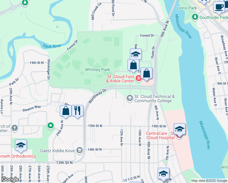 map of restaurants, bars, coffee shops, grocery stores, and more near 1534 Northway Drive in Saint Cloud