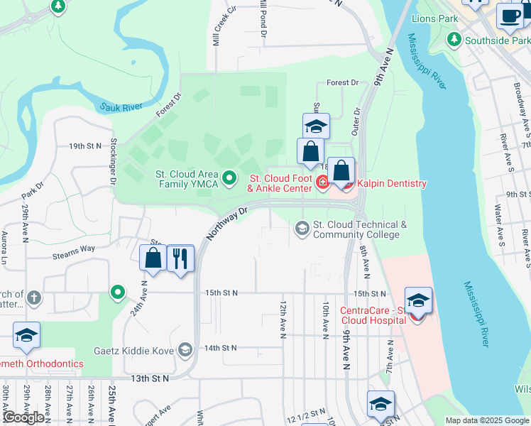 map of restaurants, bars, coffee shops, grocery stores, and more near 1534 Northway Drive in St. Cloud