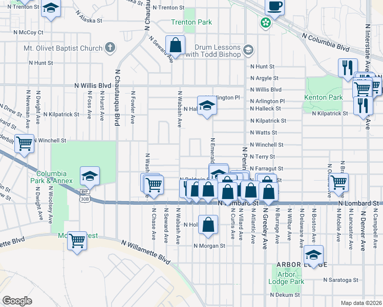 map of restaurants, bars, coffee shops, grocery stores, and more near 3333 North Terry Street in Portland