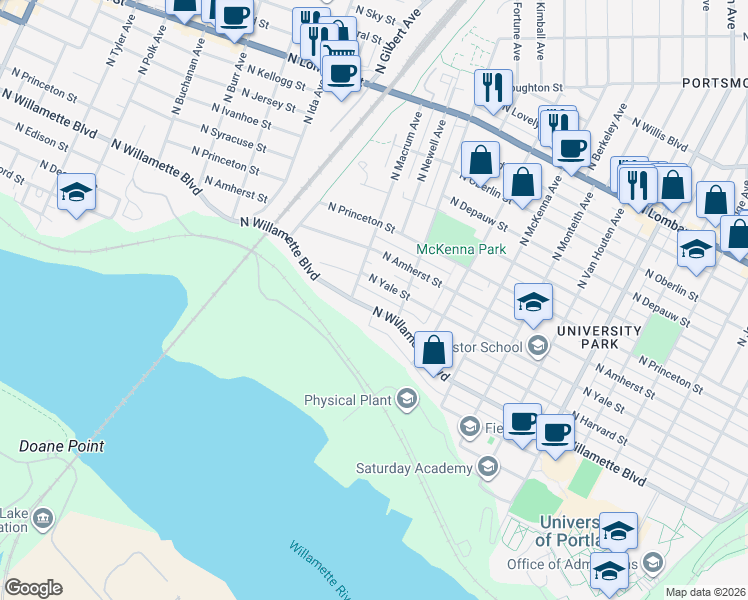 map of restaurants, bars, coffee shops, grocery stores, and more near 6465 North Willamette Boulevard in Portland
