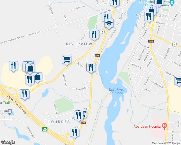 map of restaurants, bars, coffee shops, grocery stores, and more near 547 Stellarton Road in New Glasgow