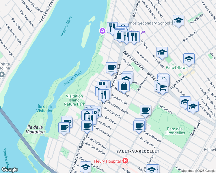 map of restaurants, bars, coffee shops, grocery stores, and more near 2645 Boulevard Henri-Bourassa Est in Montréal