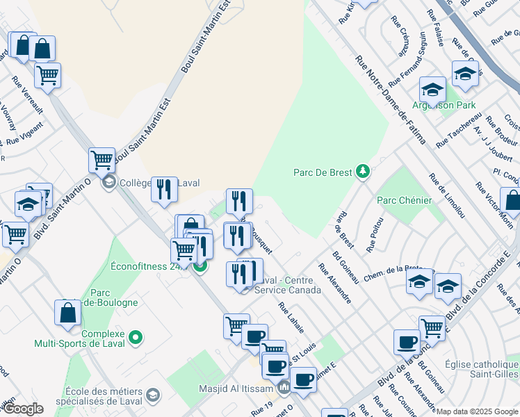 map of restaurants, bars, coffee shops, grocery stores, and more near 952 Rue Normont in Laval