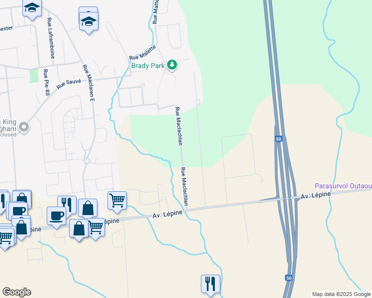 map of restaurants, bars, coffee shops, grocery stores, and more near 26 Rue Maclachlan in Gatineau