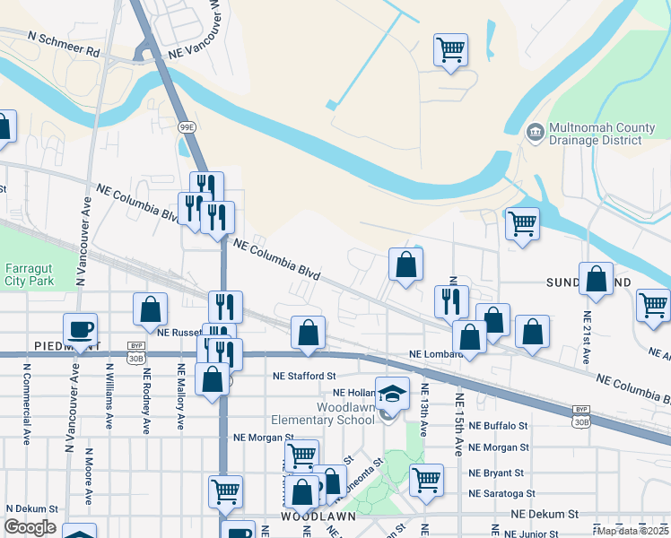 map of restaurants, bars, coffee shops, grocery stores, and more near 845 Northeast Columbia Boulevard in Portland