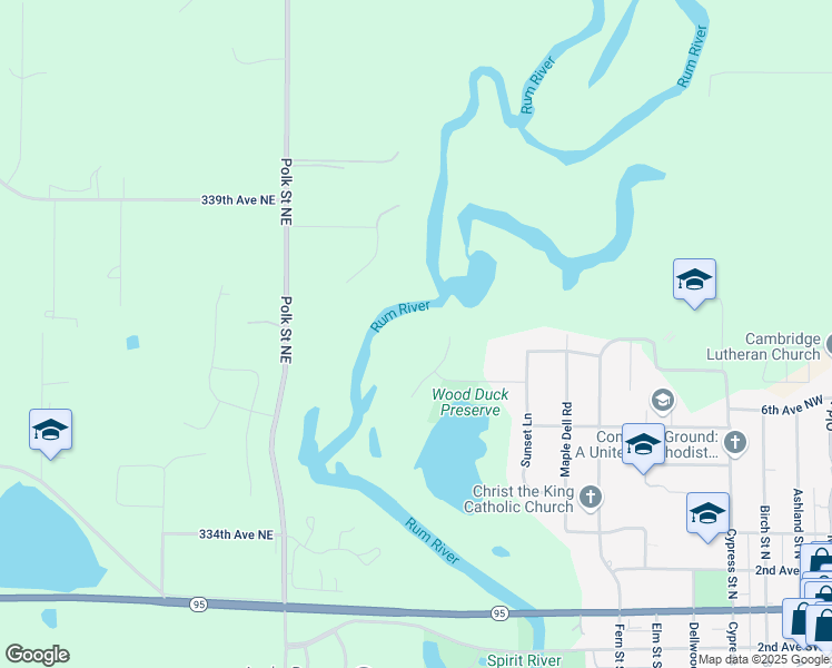 map of restaurants, bars, coffee shops, grocery stores, and more near 621 East Rum River Drive North in Cambridge