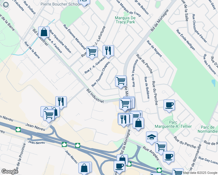 map of restaurants, bars, coffee shops, grocery stores, and more near 187 Rue Baillargé in Boucherville