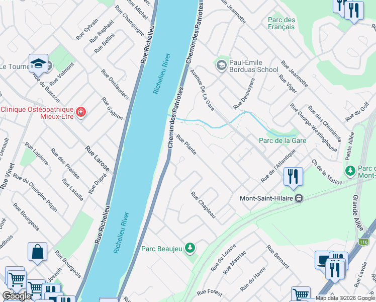 map of restaurants, bars, coffee shops, grocery stores, and more near 40 Rue Plante in Mont-Saint-Hilaire