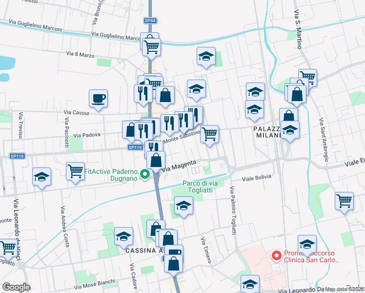 map of restaurants, bars, coffee shops, grocery stores, and more near 2 Via Antonio Pacinotti in Paderno Dugnano