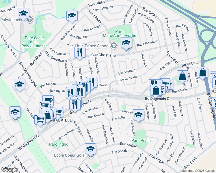 map of restaurants, bars, coffee shops, grocery stores, and more near 3308 Rue Flavie in Laval