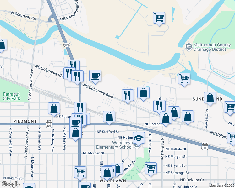 map of restaurants, bars, coffee shops, grocery stores, and more near 845 Northeast Columbia Boulevard in Portland