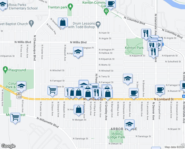 map of restaurants, bars, coffee shops, grocery stores, and more near 3124 North Winchell Street in Portland