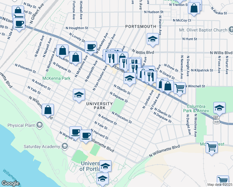 map of restaurants, bars, coffee shops, grocery stores, and more near 5254 North Oberlin Street in Portland
