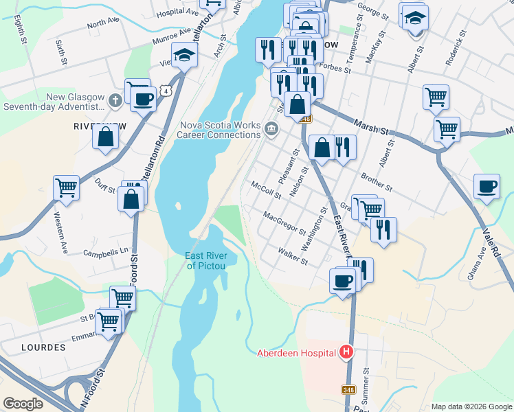 map of restaurants, bars, coffee shops, grocery stores, and more near 512 Macdonald Street in New Glasgow