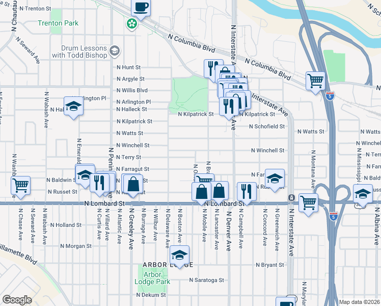 map of restaurants, bars, coffee shops, grocery stores, and more near 2316 North Winchell Street in Portland