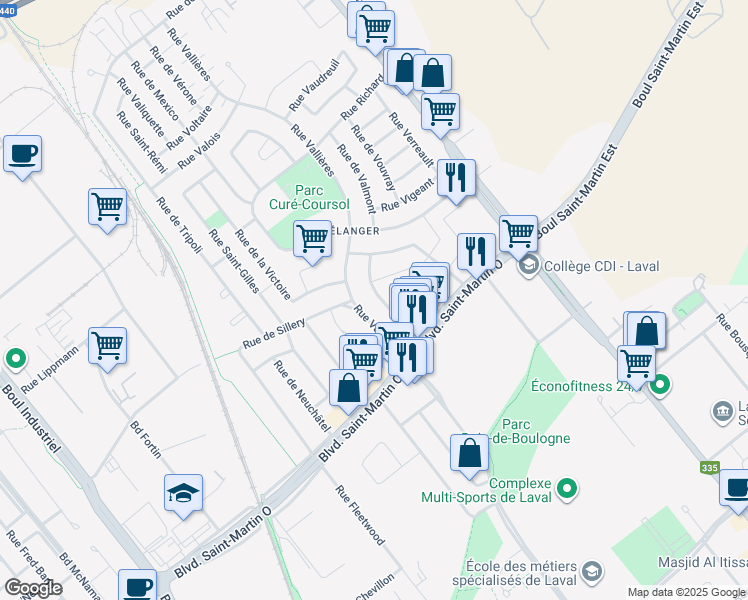 map of restaurants, bars, coffee shops, grocery stores, and more near 1830 Rue de Verviers in Laval