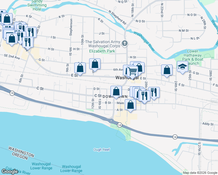 map of restaurants, bars, coffee shops, grocery stores, and more near 1419 D Street in Washougal