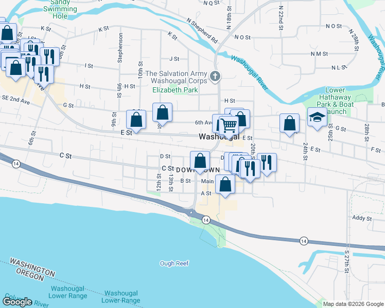 map of restaurants, bars, coffee shops, grocery stores, and more near 1419 D Street in Washougal
