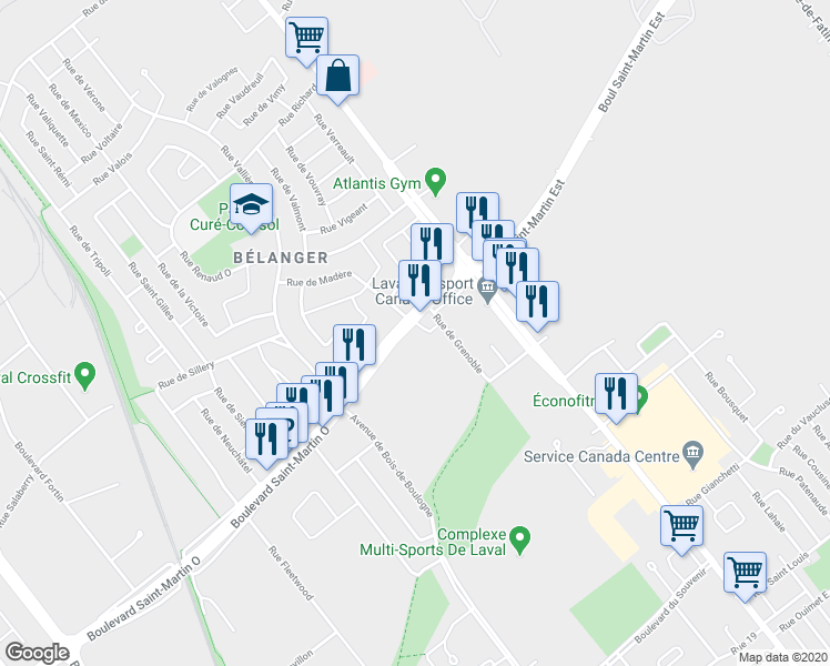map of restaurants, bars, coffee shops, grocery stores, and more near 150 Boulevard Saint-Martin Ouest in Laval
