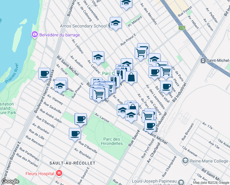 map of restaurants, bars, coffee shops, grocery stores, and more near 3340 Rue Fleury Est in Montréal