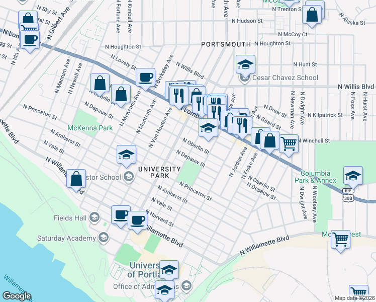 map of restaurants, bars, coffee shops, grocery stores, and more near 5254 North Oberlin Street in Portland