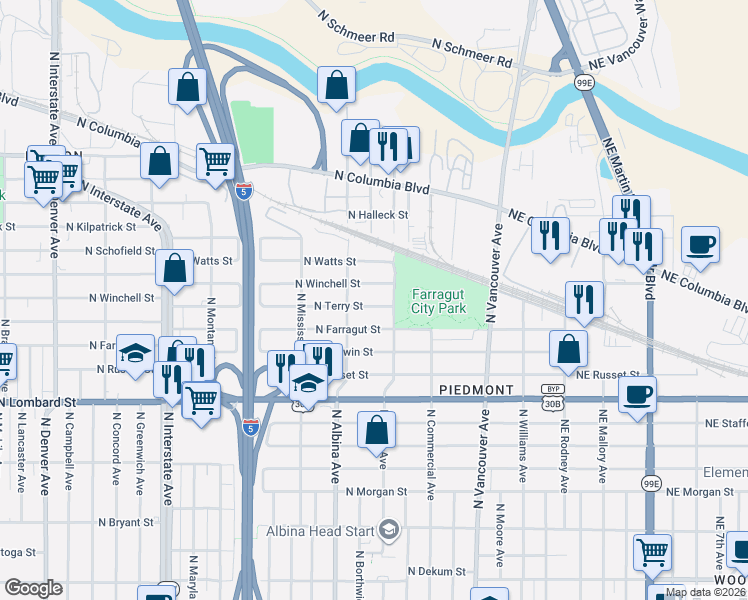 map of restaurants, bars, coffee shops, grocery stores, and more near 620 North Winchell Street in Portland