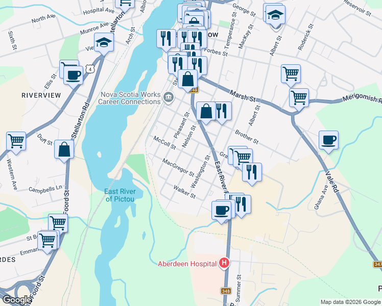 map of restaurants, bars, coffee shops, grocery stores, and more near 472 Nelson Street in New Glasgow