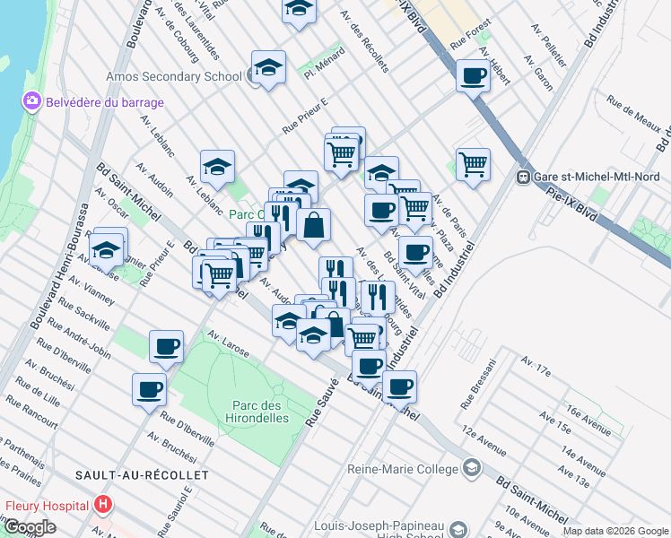 map of restaurants, bars, coffee shops, grocery stores, and more near 10073 Avenue du Parc-Georges in Montréal