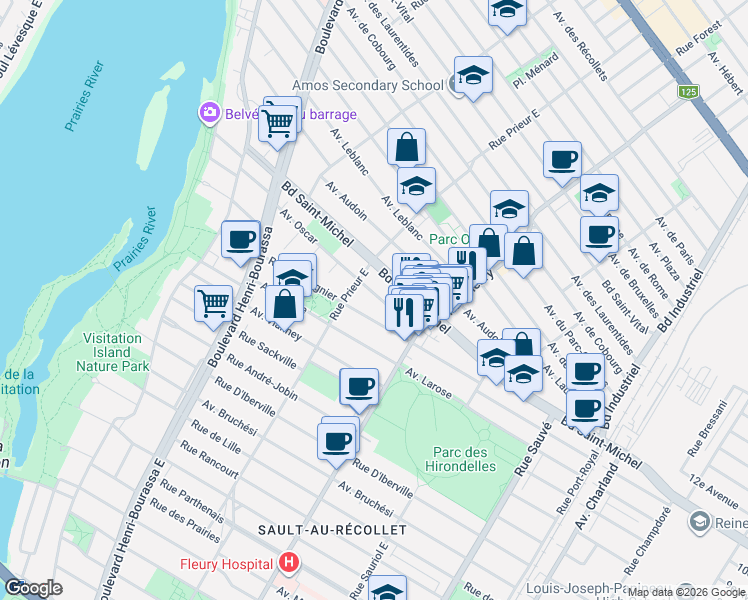 map of restaurants, bars, coffee shops, grocery stores, and more near 10464 Avenue Oscar in Montréal