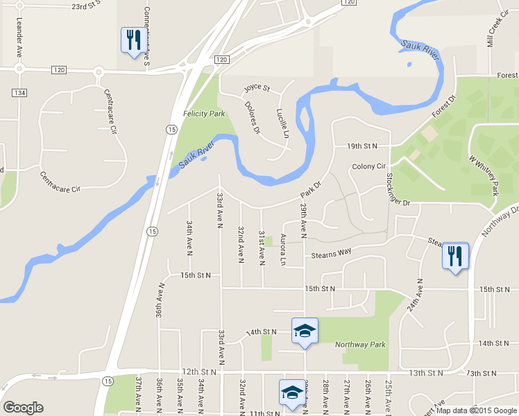 map of restaurants, bars, coffee shops, grocery stores, and more near 3107 Park Drive in Saint Cloud