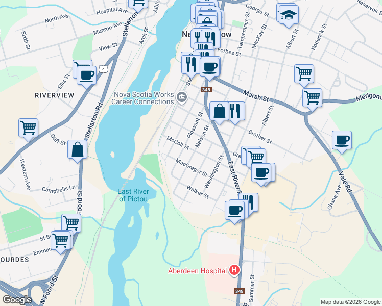 map of restaurants, bars, coffee shops, grocery stores, and more near 477 Nelson Street in New Glasgow