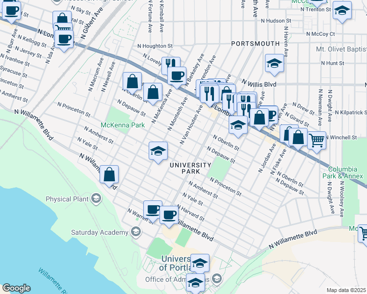 map of restaurants, bars, coffee shops, grocery stores, and more near 5425 North Syracuse Street in Portland